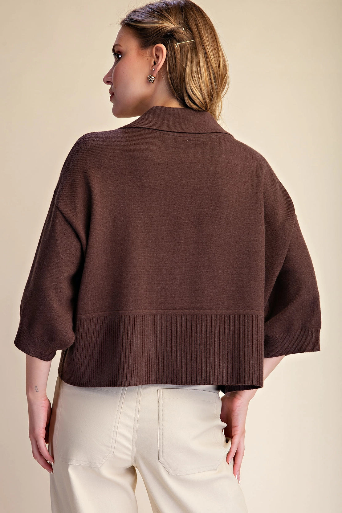 Collar V-Neck Dropped Shoulder Top