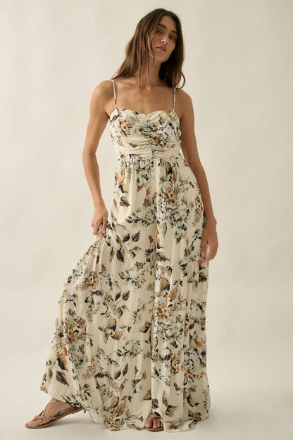 Floral Crepe Wide-Leg Tiered Ruffle Cami Jumpsuit