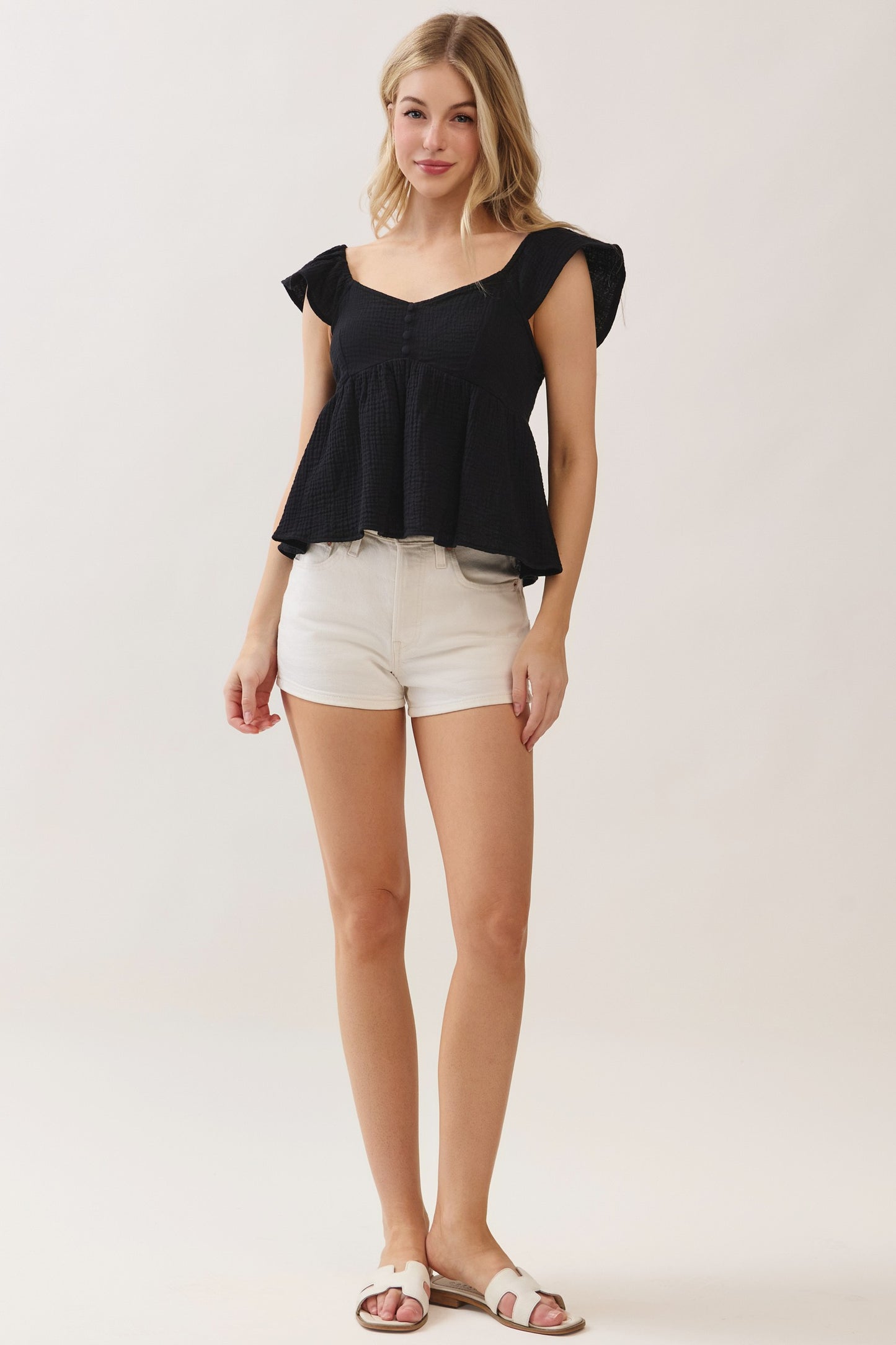 Double Gauze Sleeve Ruffled Babydoll Top