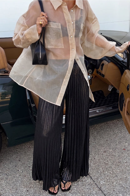 Pleated Wide-Leg Flare Metallic Pants