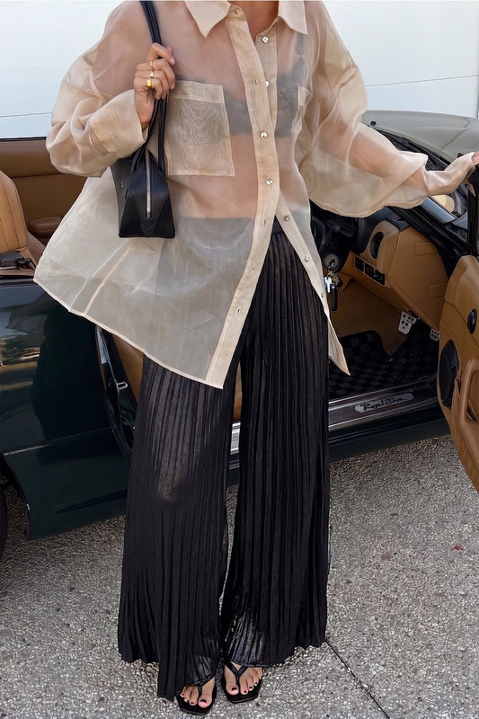 Pleated Wide-Leg Flare Metallic Pants