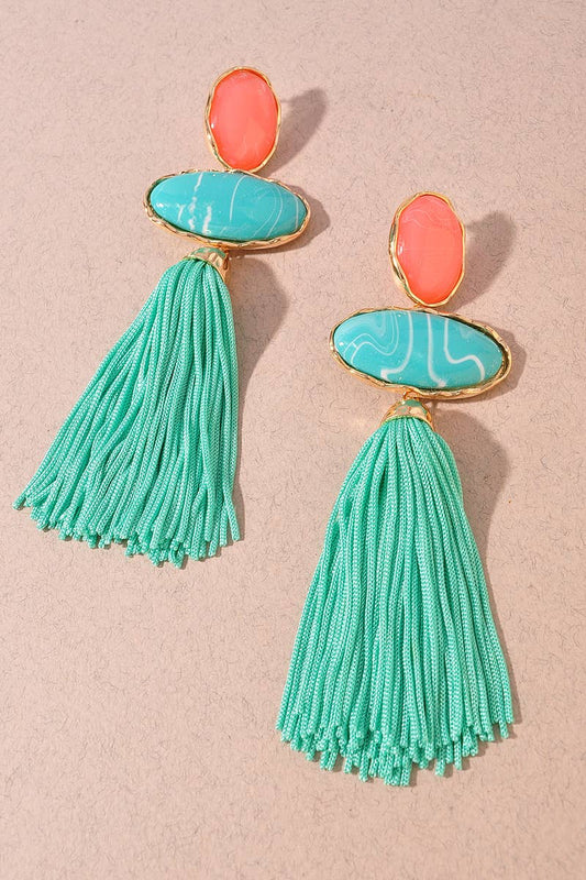 RESIN OVAL TASSEL STATEMENT DROP EARRINGS