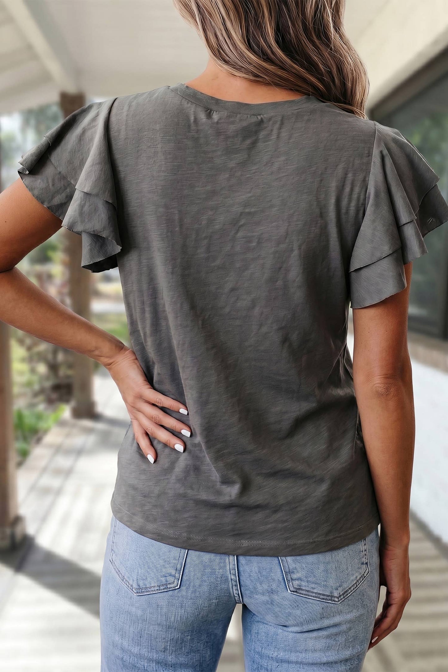 Solid Ruffle Short Sleeve Round Neck Top | S-XL
