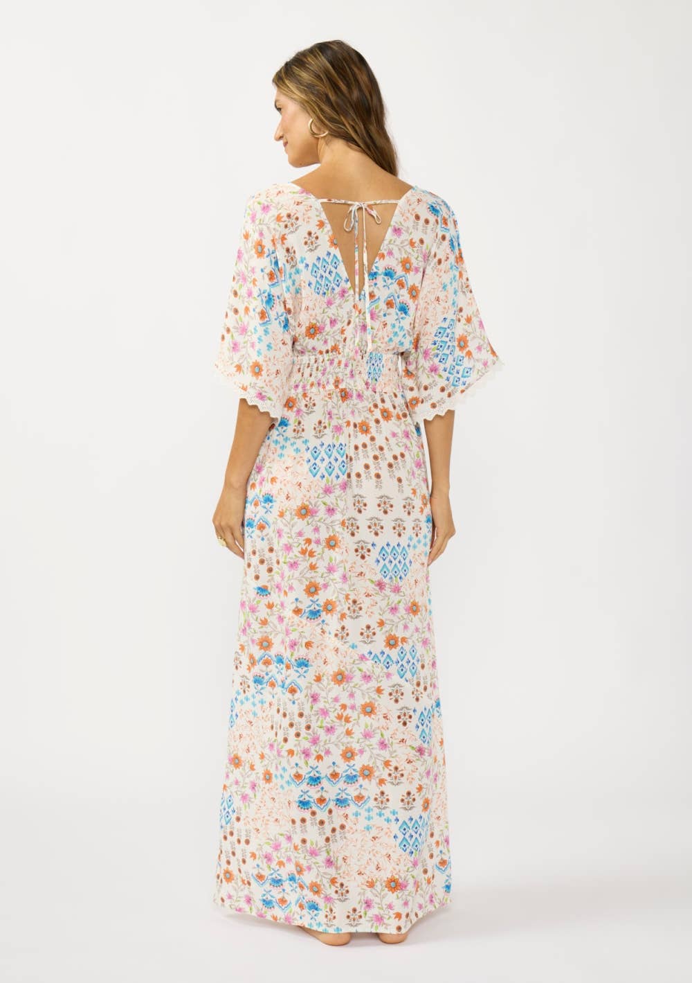 Kimono Sleeve Smocked Waist Maxi Dress with Front Slit