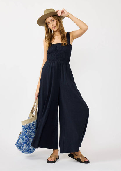 Leg Smocked Bodice Sleeveless Jumpsuit