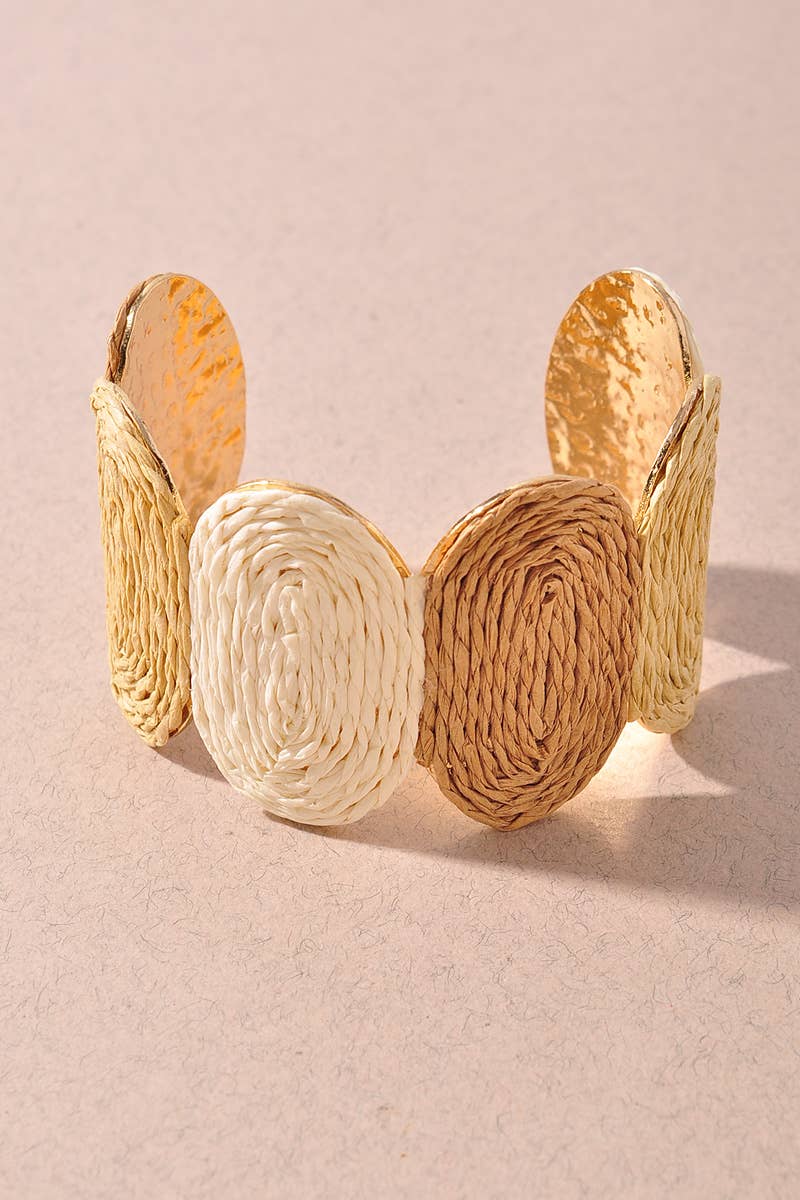 WOVEN RAFFIA DISC METAL CUFF BRACELET