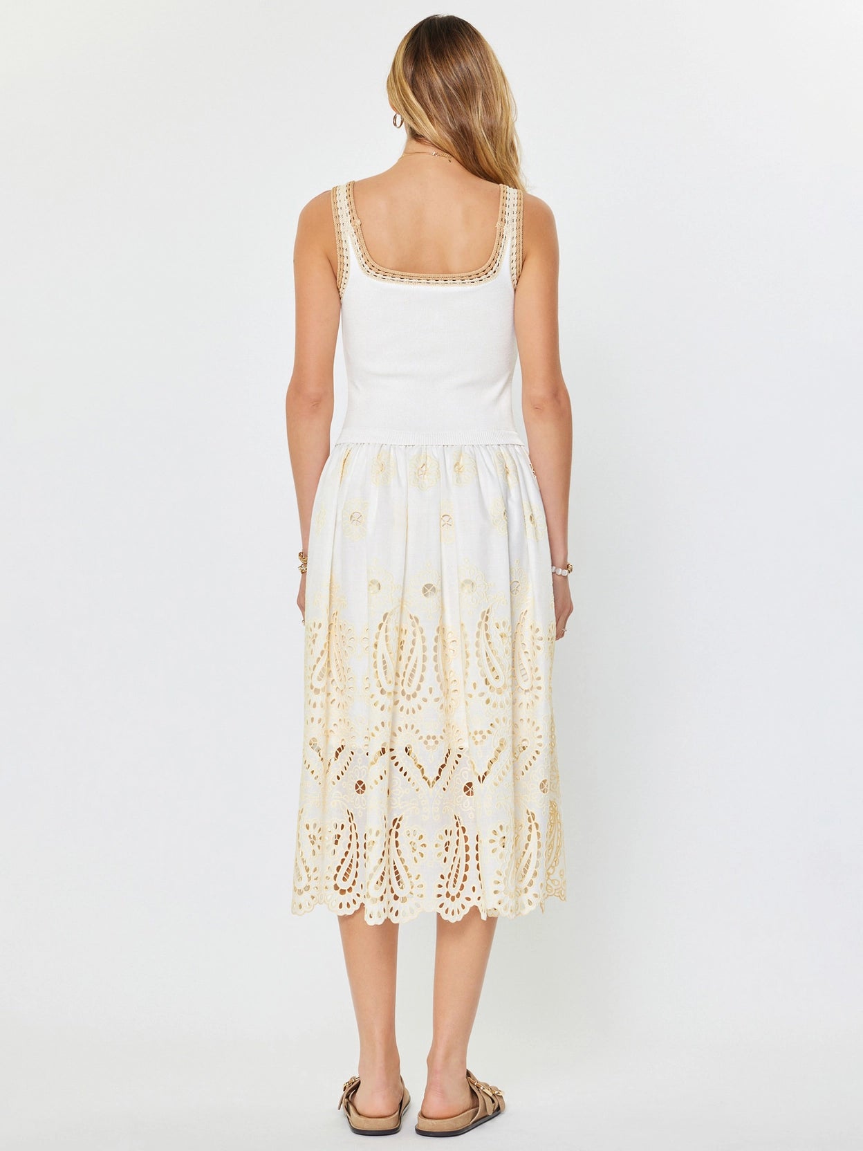 Eyelet Skirt Sleeveless Sweater Combo Midi Dress