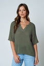 V NECK S/S CROCHET KNIT TOP