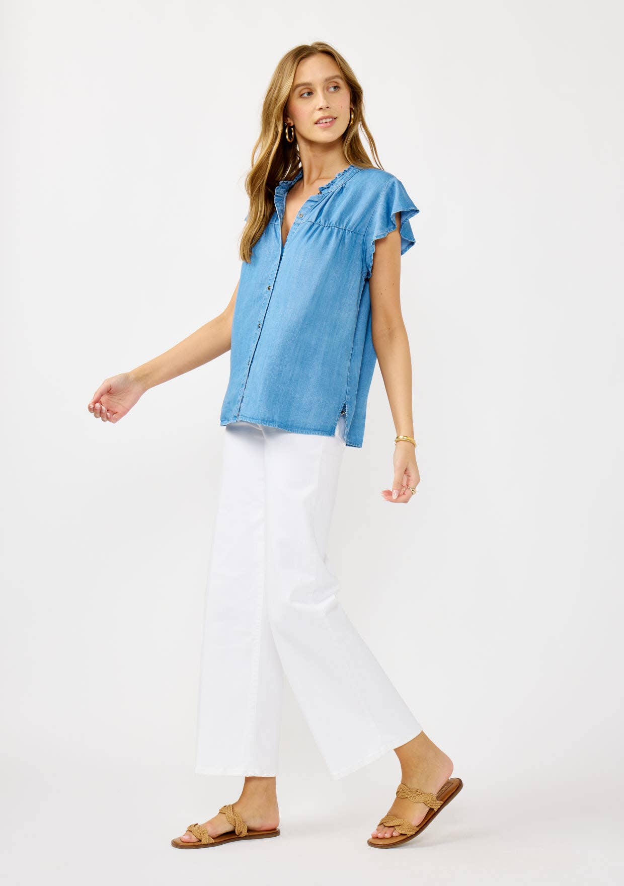 Tencel Flutter Sleeve Button-Down Top