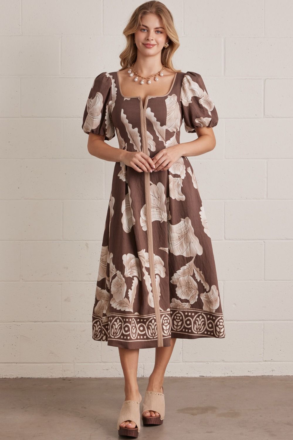 Midi Mocha Floral Puff Sleeve Dress