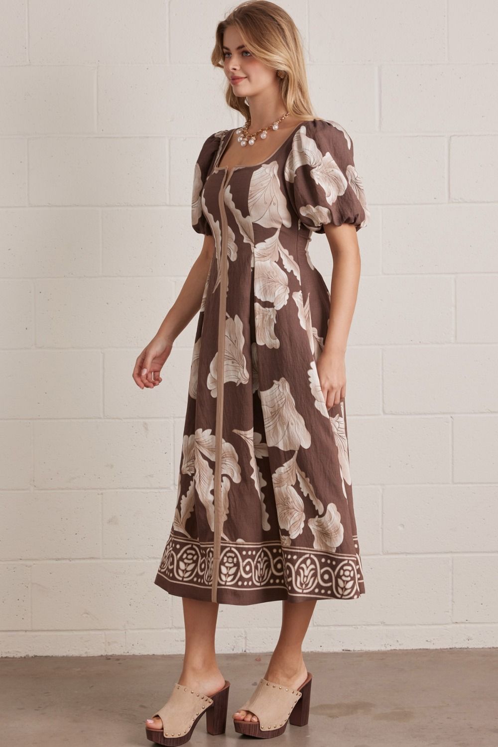 Midi Mocha Floral Puff Sleeve Dress