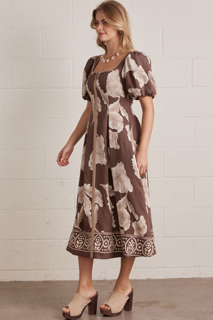 Midi Mocha Floral Puff Sleeve Dress