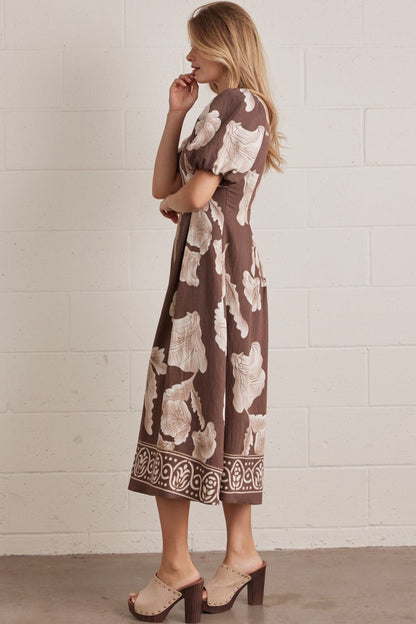 Midi Mocha Floral Puff Sleeve Dress