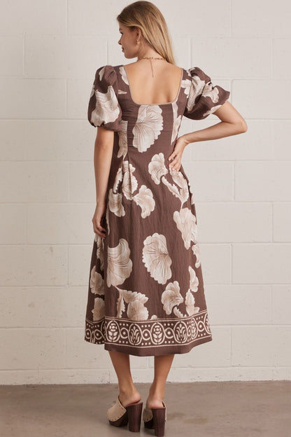 Midi Mocha Floral Puff Sleeve Dress