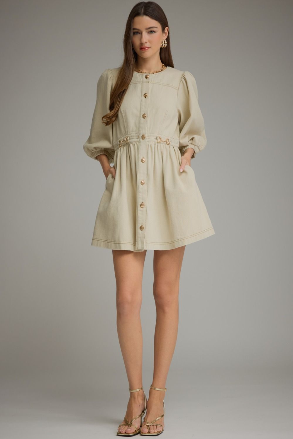 Solid denim short puff sleeve mini dress