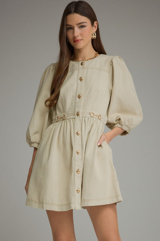 Solid denim short puff sleeve mini dress