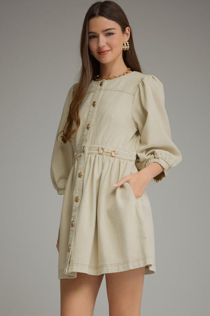 Solid denim short puff sleeve mini dress