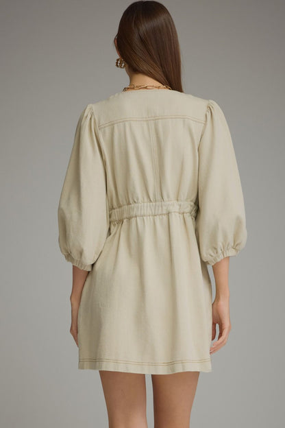 Solid denim short puff sleeve mini dress