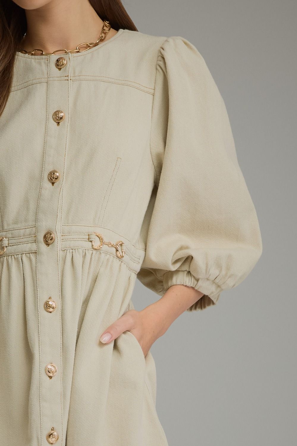 Solid denim short puff sleeve mini dress