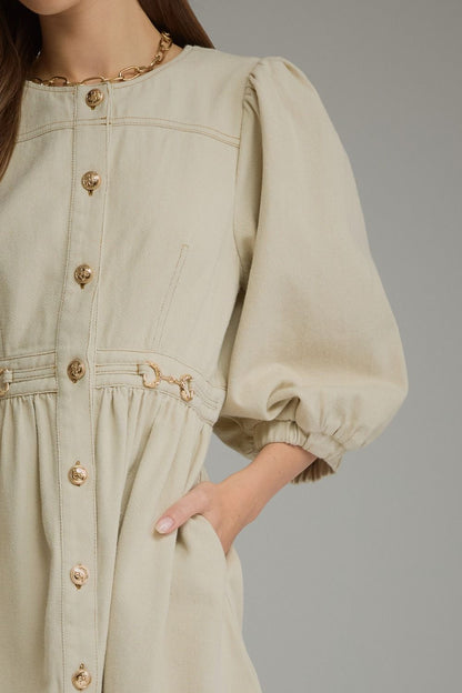 Solid denim short puff sleeve mini dress