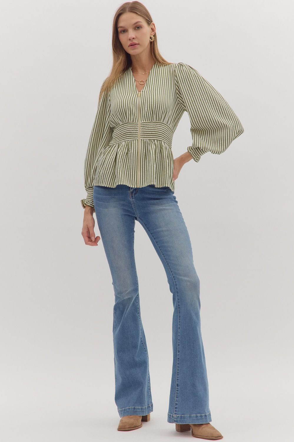 Green Striped Peplum Blouse