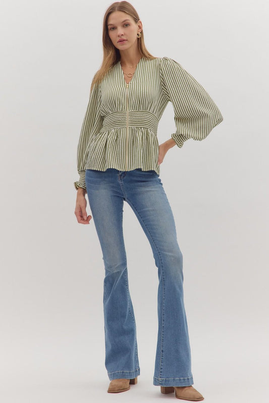 Green Striped Peplum Blouse