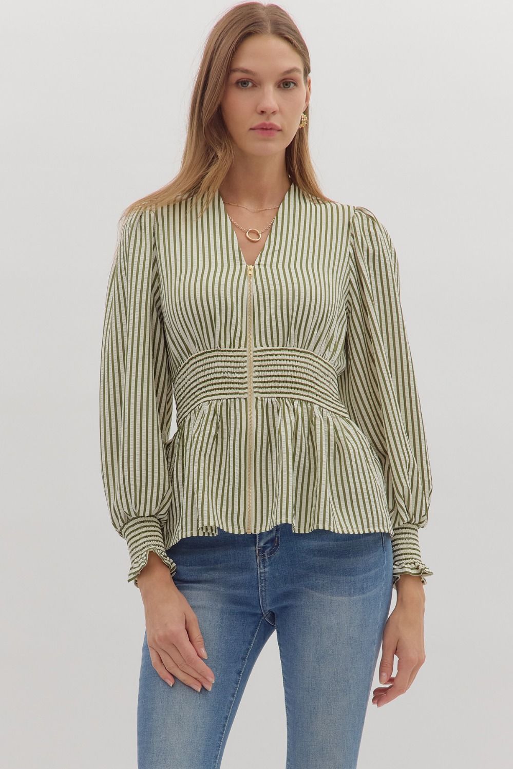 Green Striped Peplum Blouse