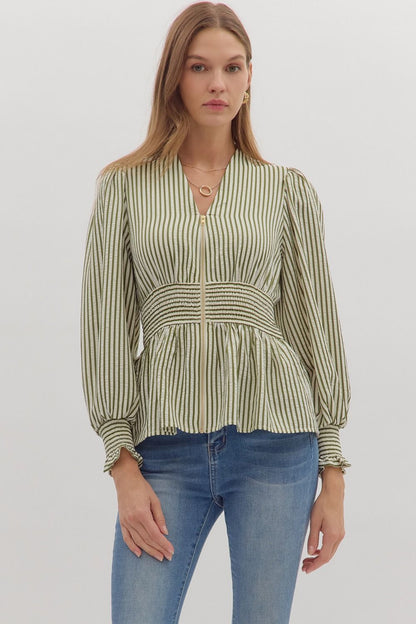 Green Striped Peplum Blouse