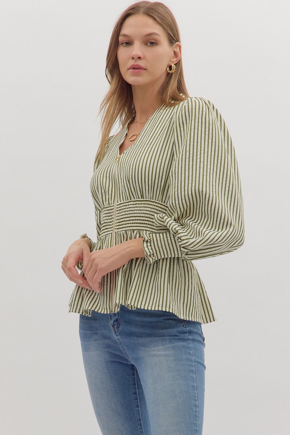 Green Striped Peplum Blouse