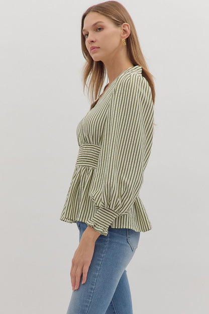 Green Striped Peplum Blouse