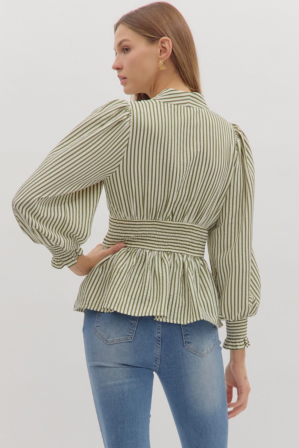 Green Striped Peplum Blouse