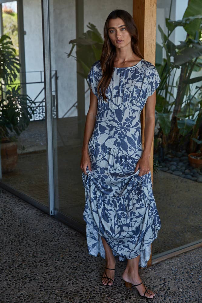 Woven Rayon Floral Print Short Sleeve Maxi