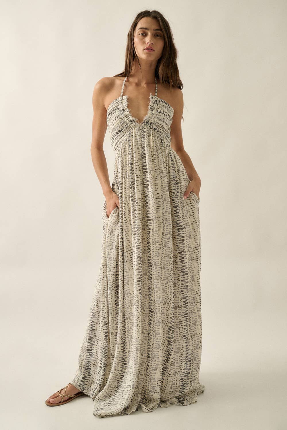 Abstract-Print Crepe High-Waist Tie-Back Halter Maxi Dress
