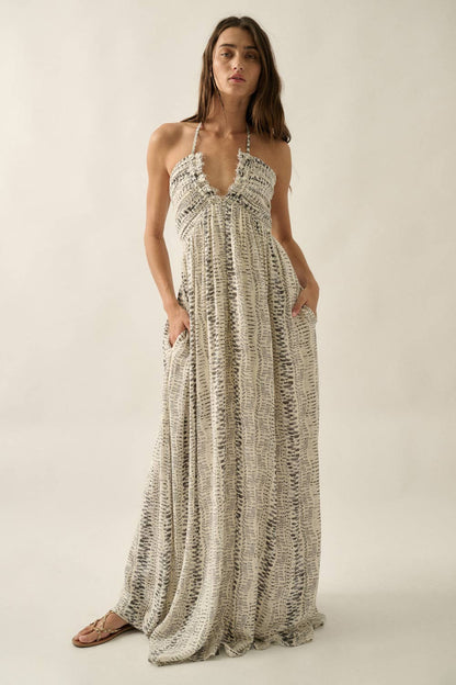 Abstract-Print Crepe High-Waist Tie-Back Halter Maxi Dress