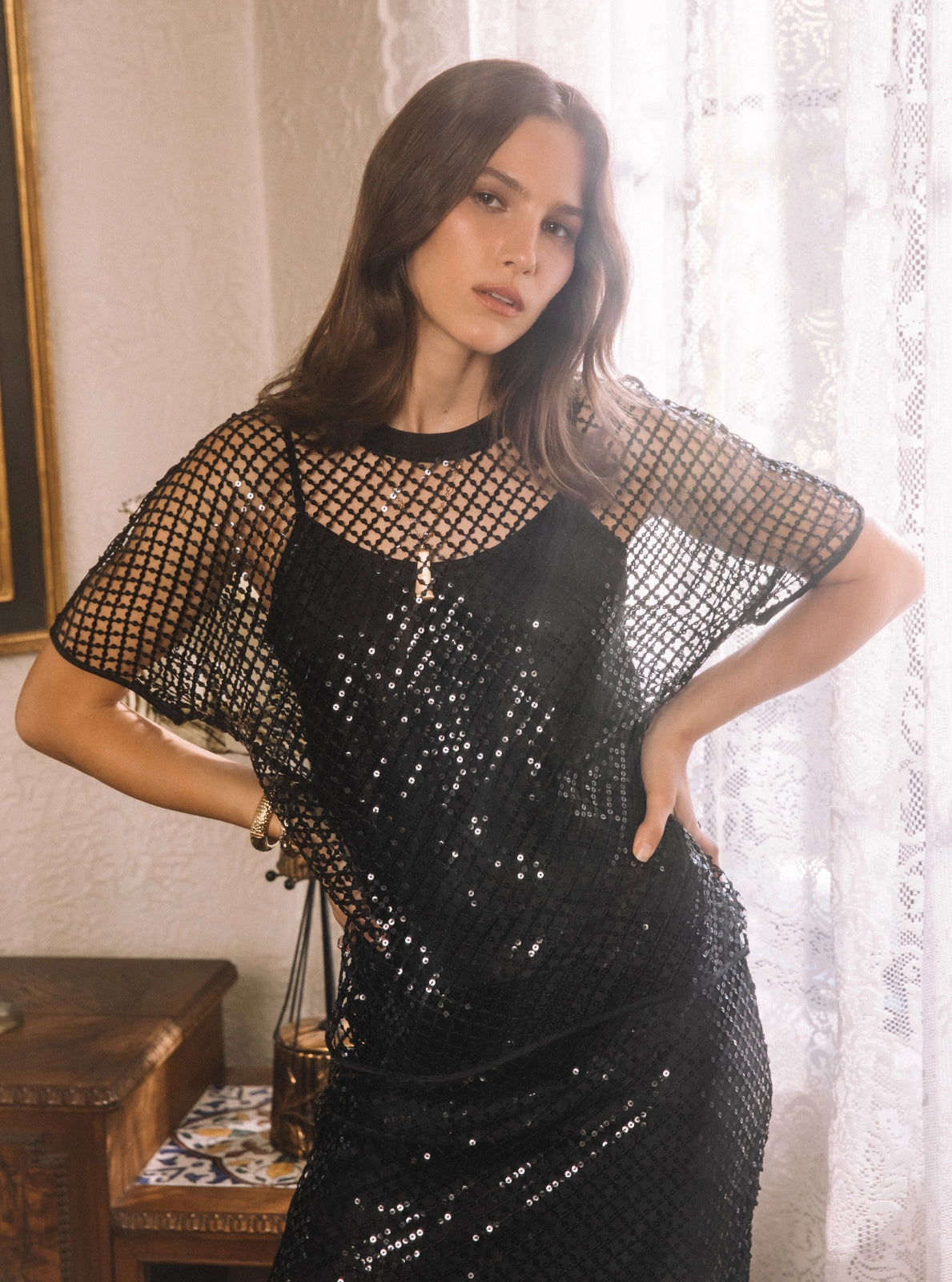 Sequin Mesh Top & Satin Cami Set