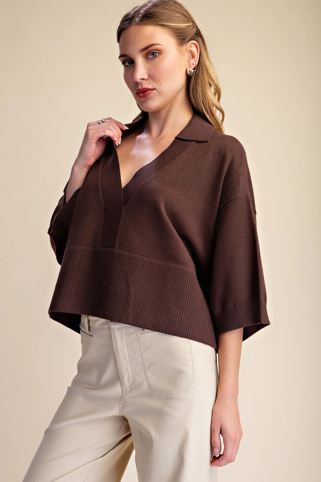 Collar V-Neck Dropped Shoulder Top