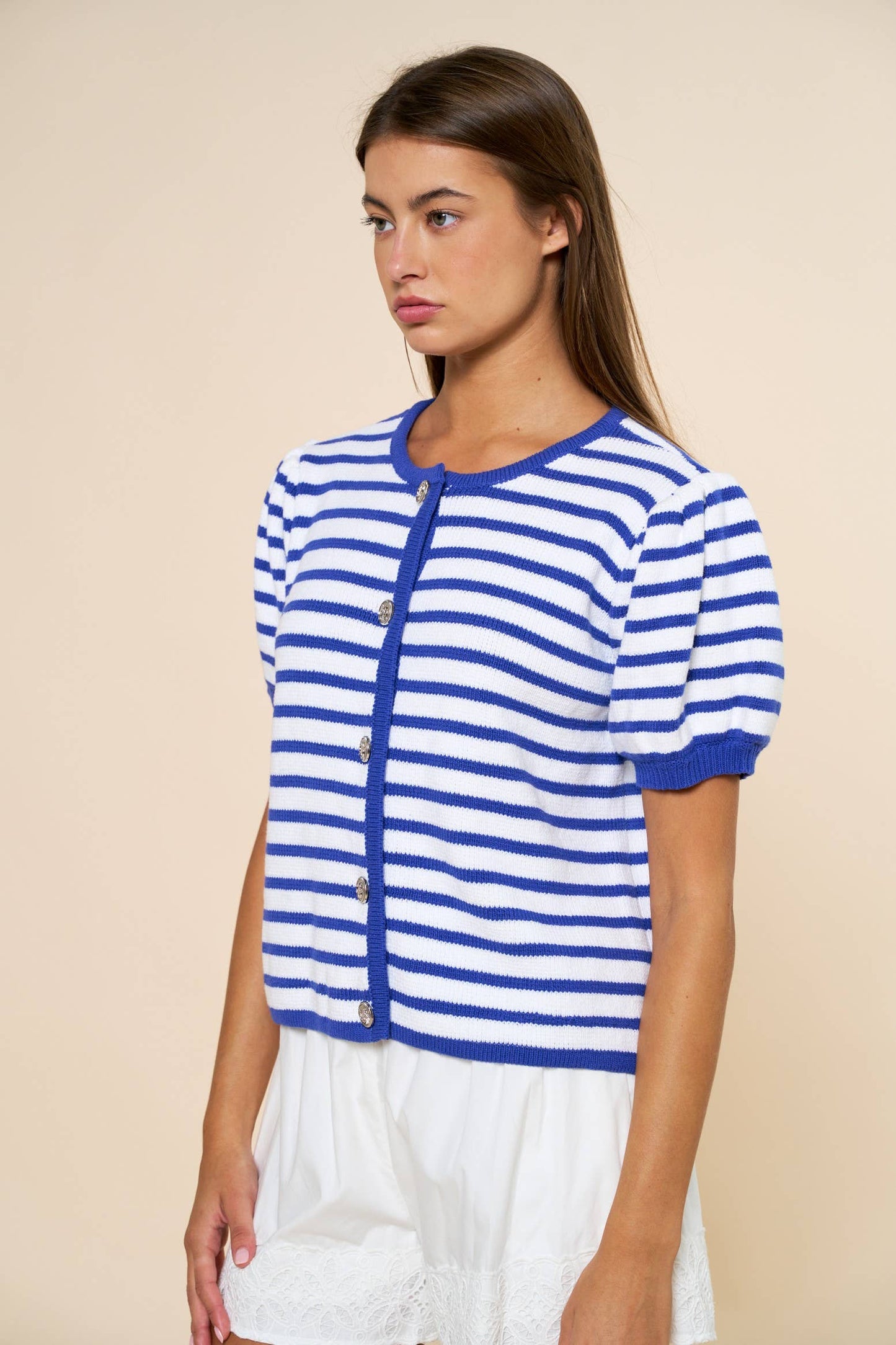Stripe Button Down Puff Sleeve Knit Top