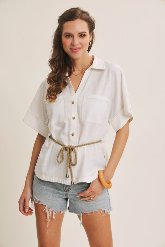 Everyday Essential Cotton-linen Drawstring Shirt