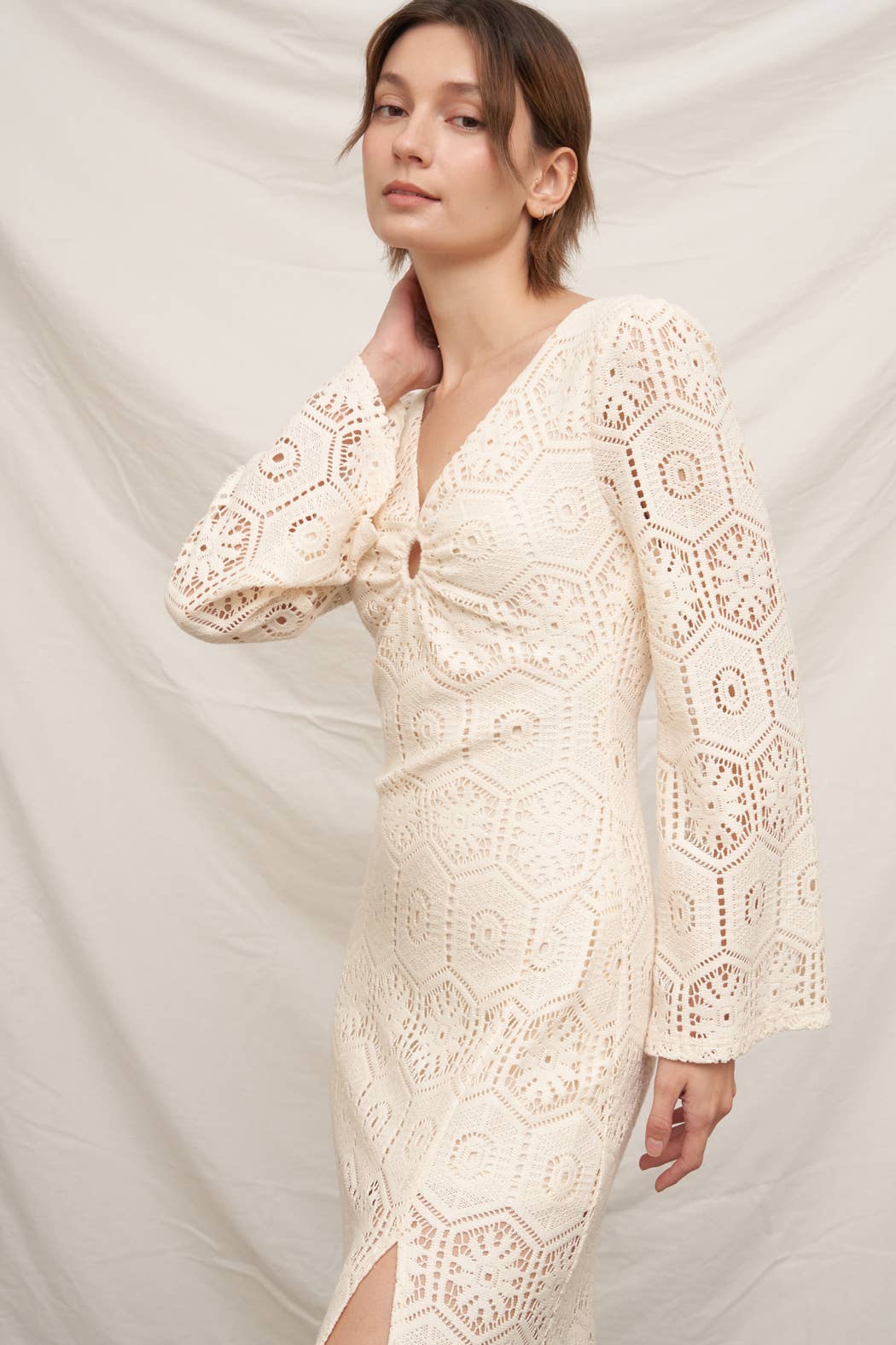 Long Sleeve Open-Back Crochet Maxi Dress