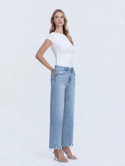 MID RISE FRAYED HEM ANKLE WIDE LEG