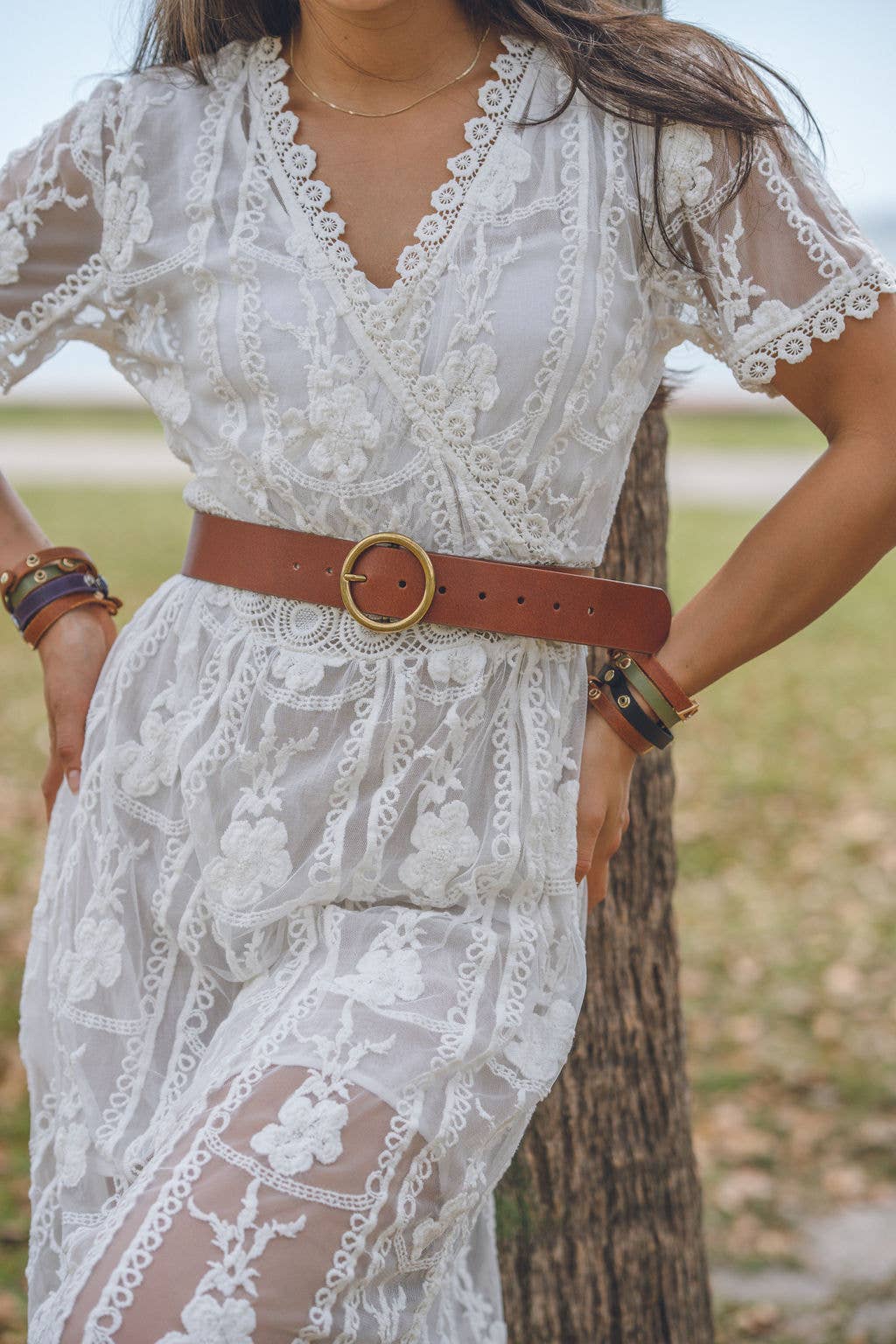 Wide Brass-Toned Circle Buckle Leather Belt