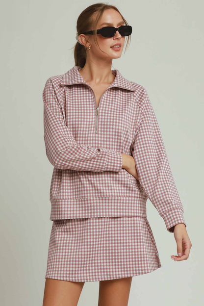 Gingham Half-Zip Long Sleeve Pullover