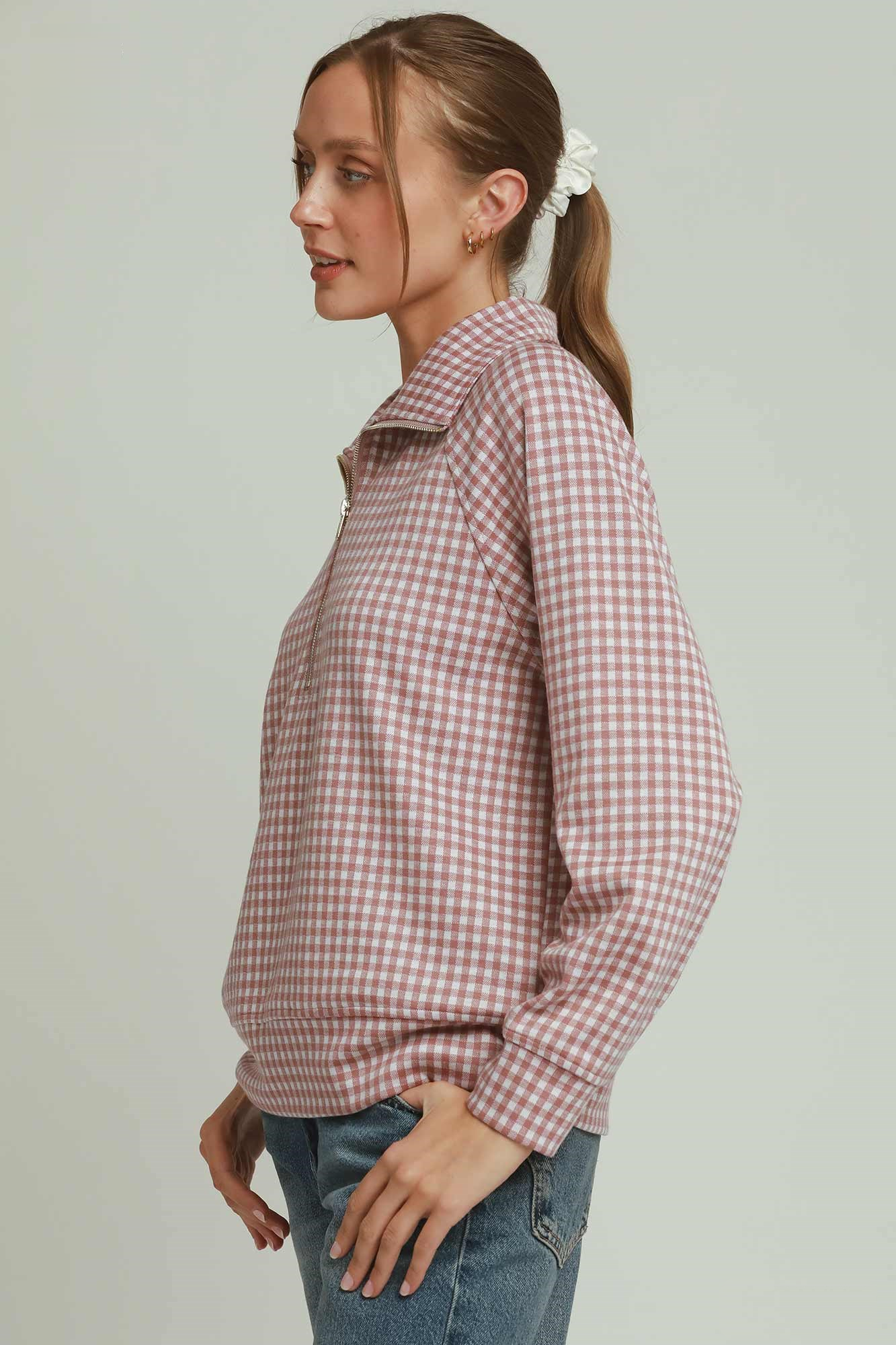 Gingham Half-Zip Long Sleeve Pullover