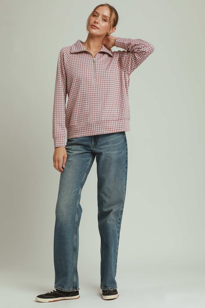 Gingham Half-Zip Long Sleeve Pullover