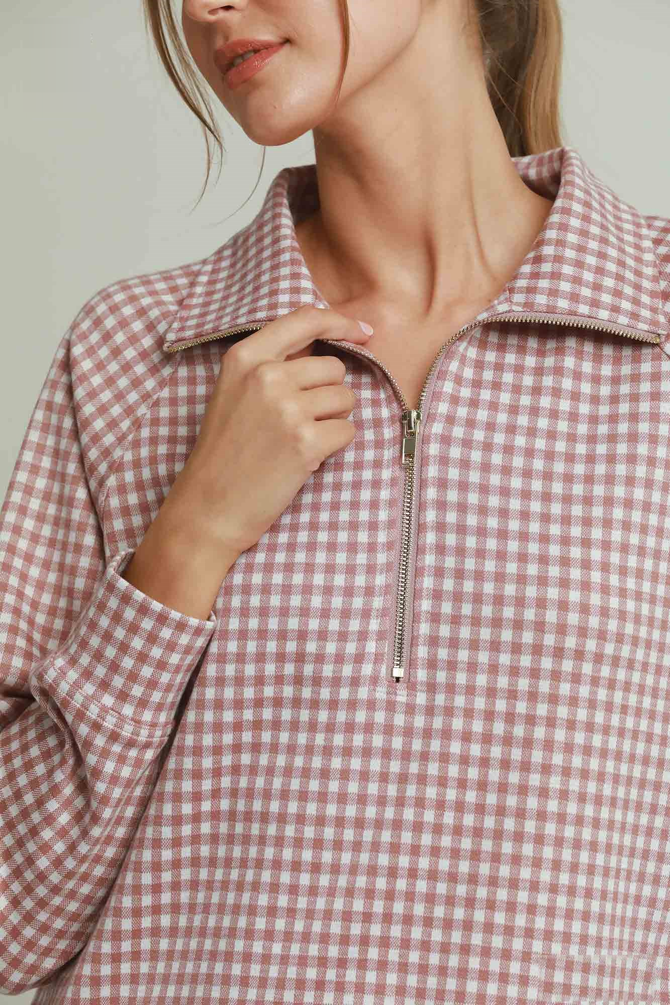 Gingham Half-Zip Long Sleeve Pullover