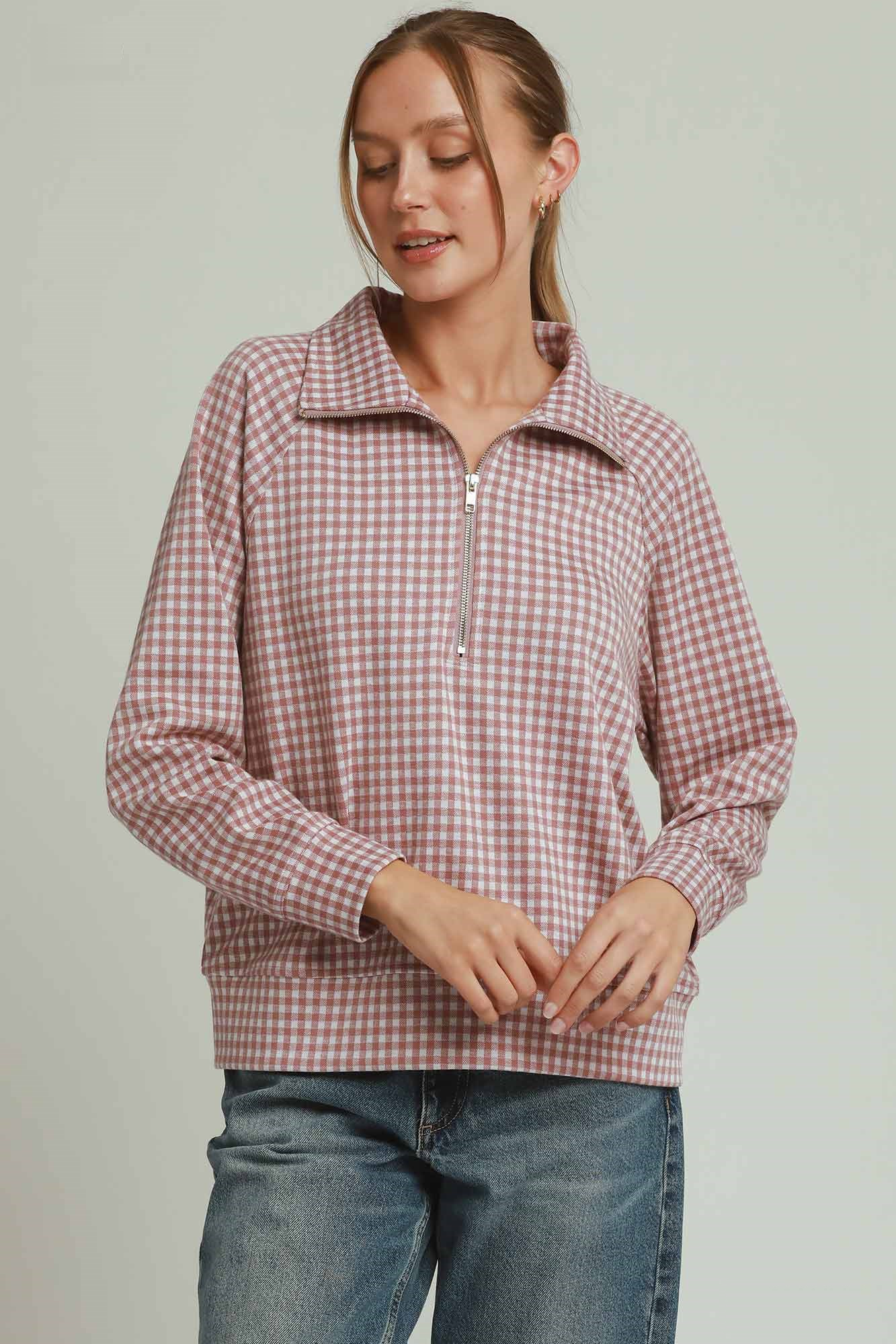 Gingham Half-Zip Long Sleeve Pullover