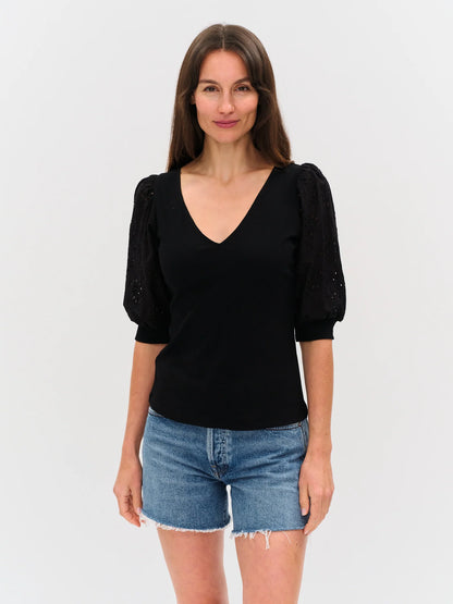 ESME RIBBED V-NECK EYELET SLEEVE