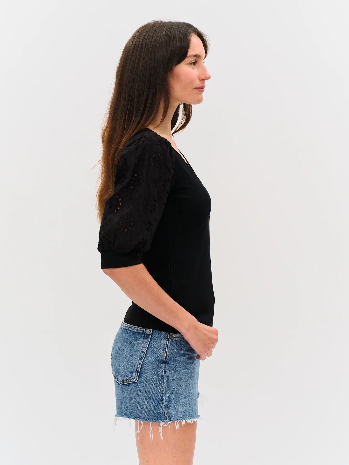 ESME RIBBED V-NECK EYELET SLEEVE