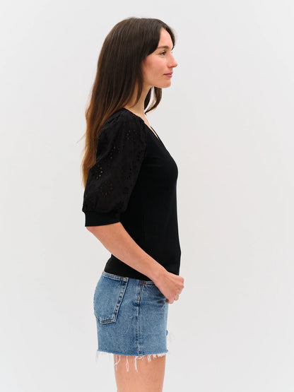 ESME RIBBED V-NECK EYELET SLEEVE