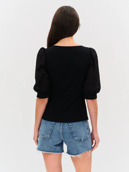 ESME RIBBED V-NECK EYELET SLEEVE